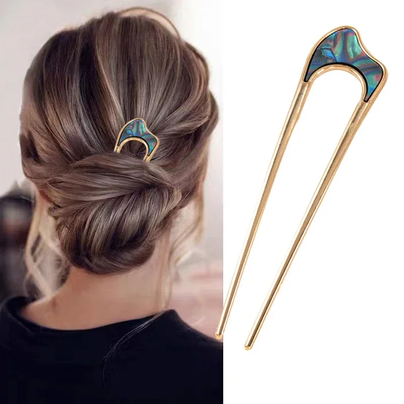 

Fashion Luxury Silver Gold Color Elegant Shell Enamel Hairpin for Women Metal U Shape Hair Stick Hairwear Accessories Jewelry