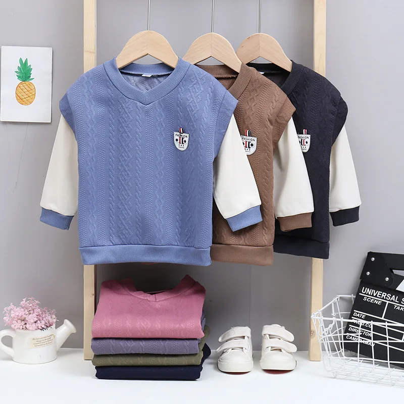 

1-14Y Children Sweatshirts Long Sleeve T-shirt for Teenage Boys and Girls Fake Two Piece Bottom Shirt Coat for Spring and Autumn