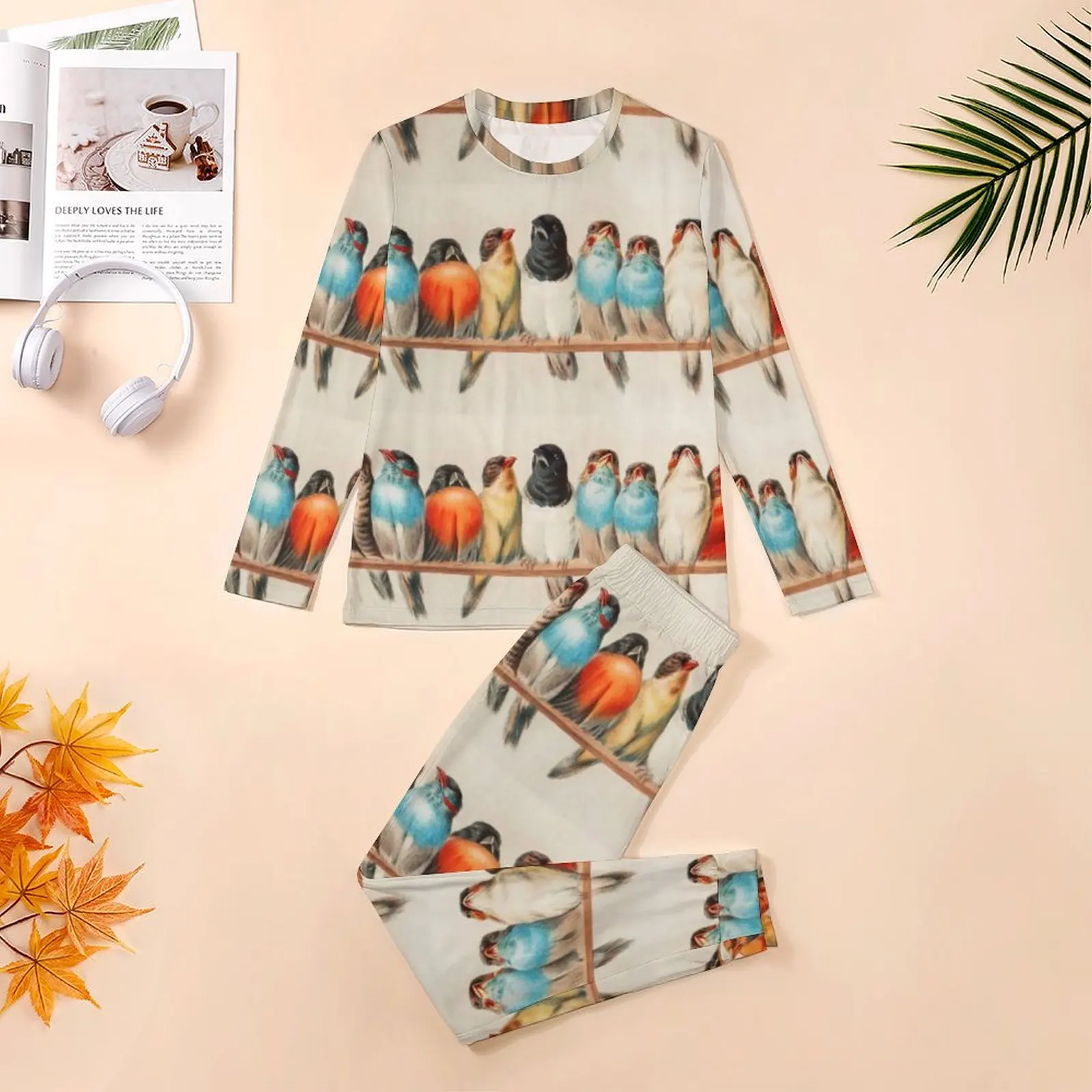 Colorful Birds Print Pajamas Spring 2 Pieces Vintage Animal Cute Pajamas Set Man Long-Sleeve Casual Graphic Home Suit Big Size