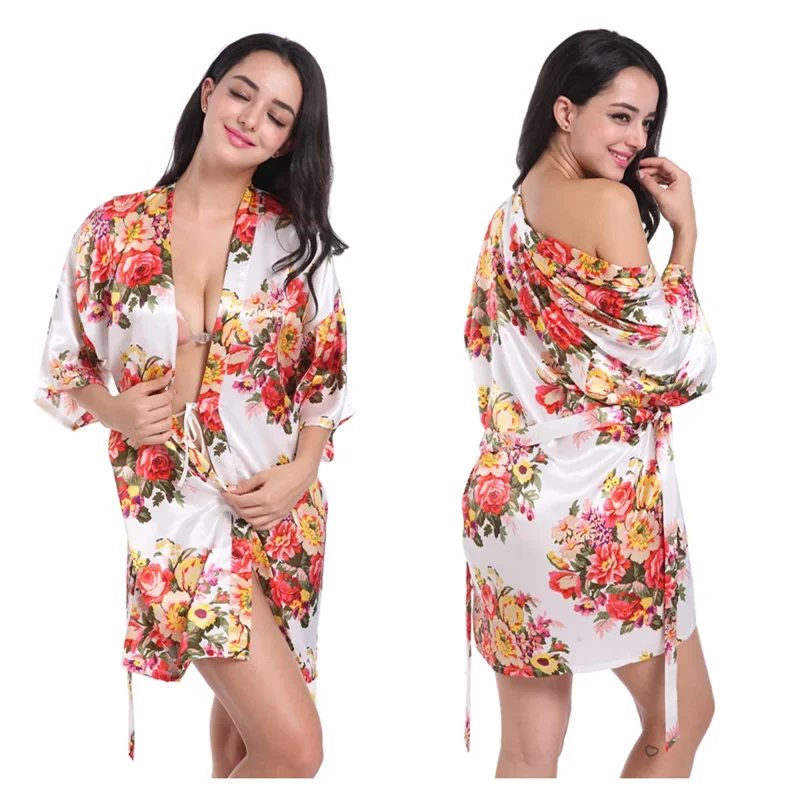 Mulher floral quimono robe cetim vestido de noiva vestido de dama de honra robes sleepwear