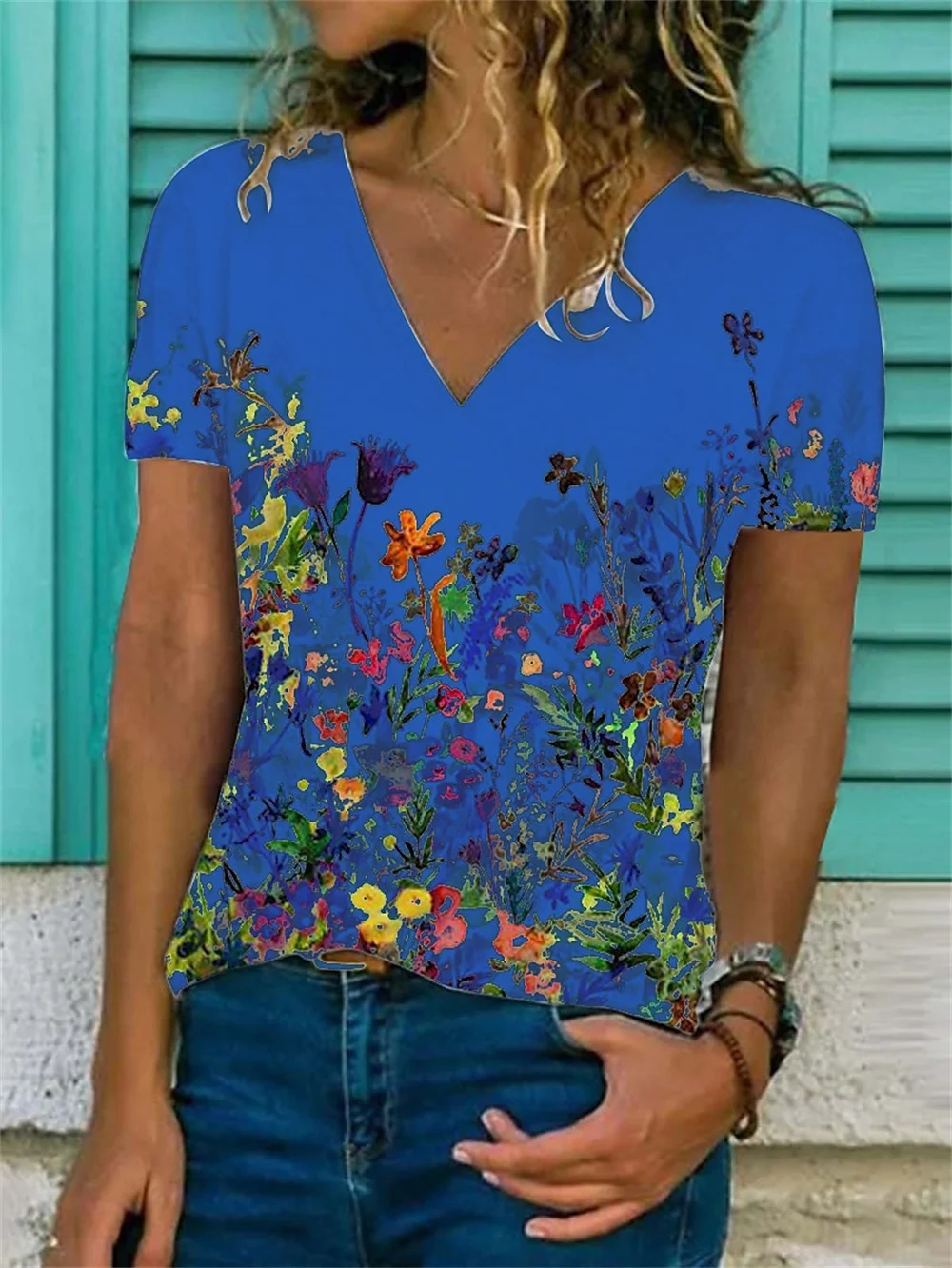 2024 Fashion 3d Print V-Neck Flowers Women's T-Shirt Original Design Short Sleeved Fashionable Top Shirt For Women Summer