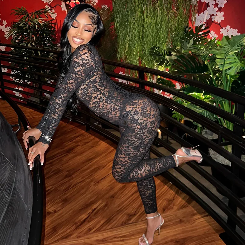 ナイトクラブジャンプスーツ女性レースシースルーメッシュジッパー長袖ボディスーツセクシーなランジェリーソングロンパースホットガールスリムシェイプウェア