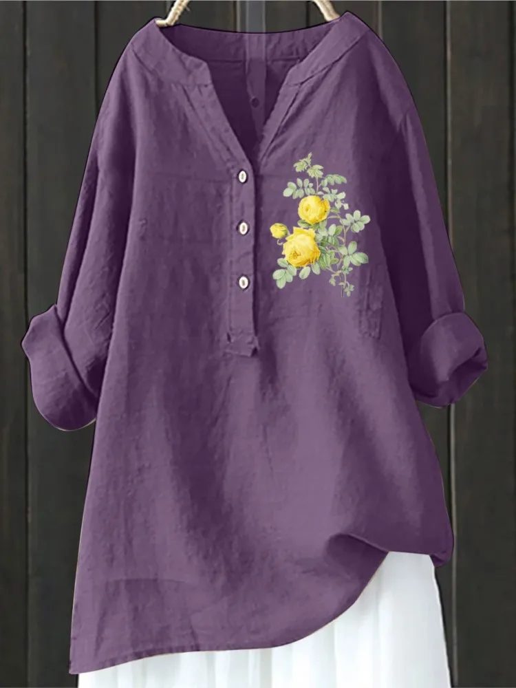 Fashion Buttons Long Sleeve Linen Tops And Blouses Women 2024 Autumn Loose Casual Daisy Print Shirts Women\'s Top Femme Blouse