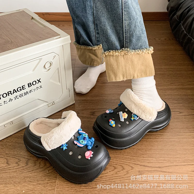 Disney autumn and winter Stitch cute warm home women's shoes cartoon height increase non-slip plush two wear hole cottonslippers