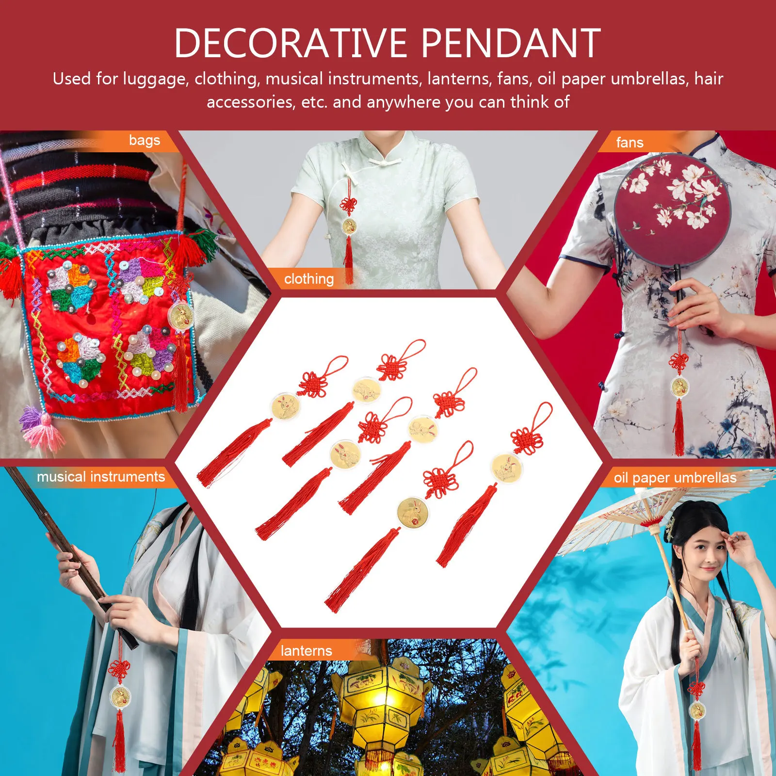 

6Pcs Chinese Knot Rabbit Pendant Tassel Hanging Decor New Year Spring Festival Supplies Door Car Interior Ornament