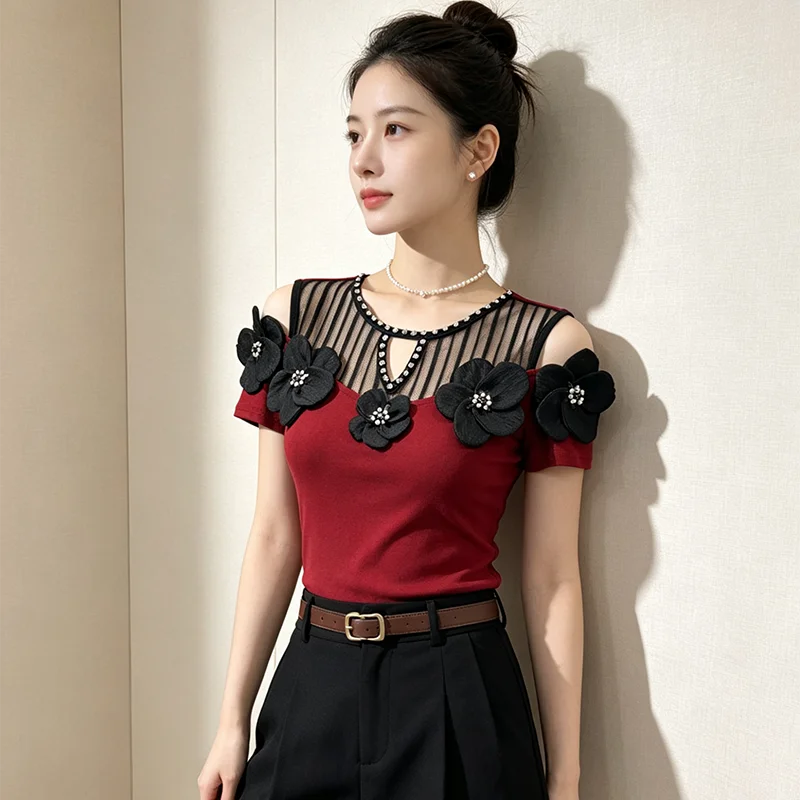 MadBlack-Women European T-Shirt, Sexy O Neck 3D Floral, Hotsweet Short Sleeve Off Shoulder Slim M-3XL Tee, 2026 Summer T67102CC