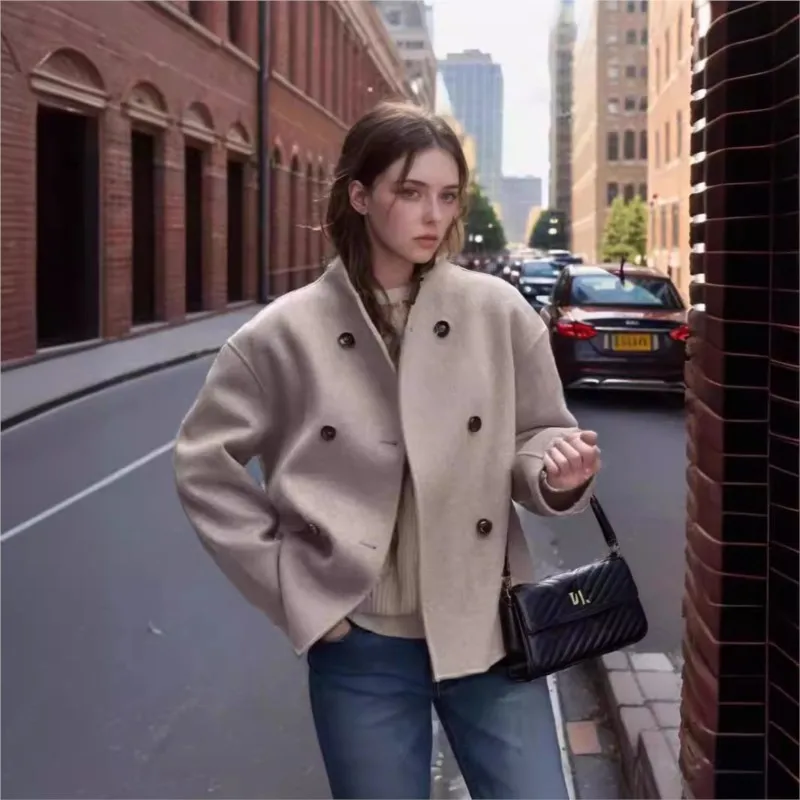 Fashion Solid Color Woolen Coat For Women Elegant Long Sleeve Warm Stand Collar Loose Coat 2024 New Women's Street Jacket