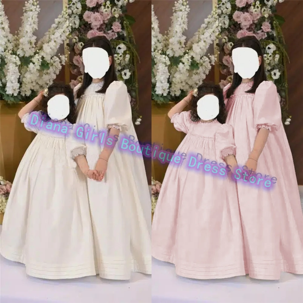 

Luxury Baptism First Communion Gowns Half sleeves Satin Fluffy Flower Girl Dress For Wedding Ball Birthday Party Evening Gown