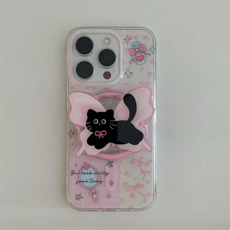 

Patchwork Floral Magnetic Absorption Phone Case, Cat Stand, Suitable for iPhone 13, Apple 14, New 15 Pro Max, 12