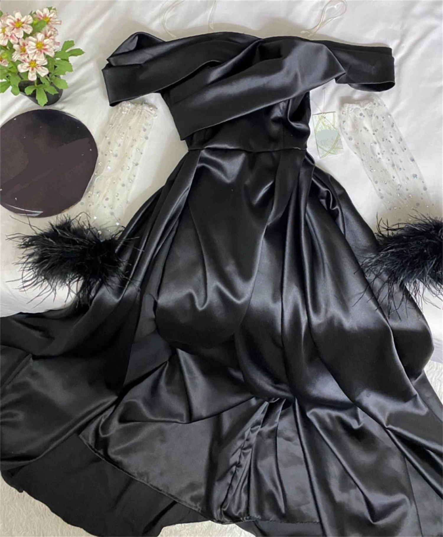 Aileen Black Paste Drill Satin Feather Graduation Dresses for Formal Occasions Elegant Guest Wedding Dress Luxury Women Evening