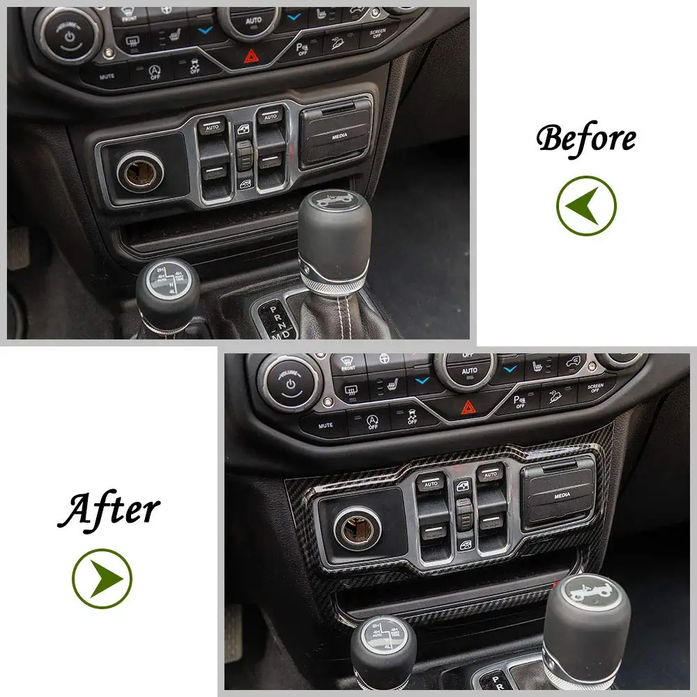 CARBON Style For Jeep Wrangler JL JLU Gladiator JT 2018-2021 ABS Center Console Window Lift Control Switch Panel Trim Sticker view 2