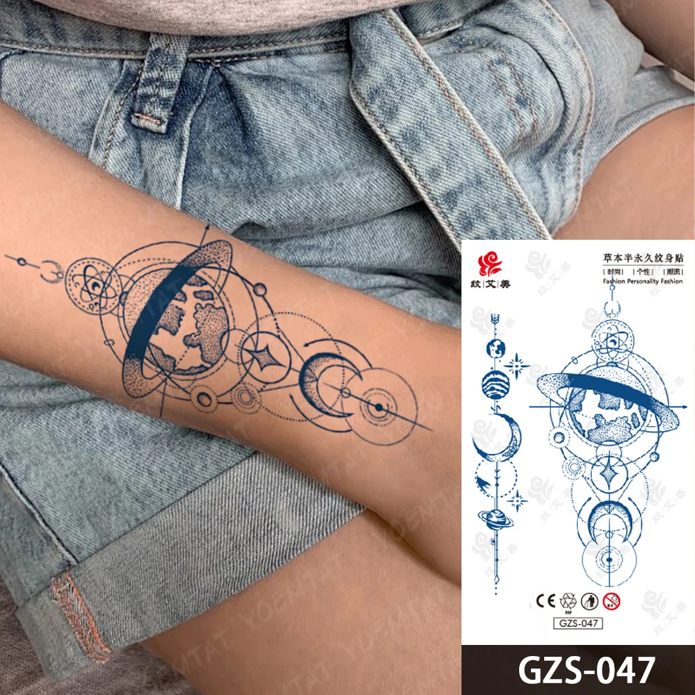 Tatuagem falsa de ervas semi permanente para mulheres, adesivo de Harajuku, impermeável, planeta, tinta de suco, tatuagens duradouras, arte corporal