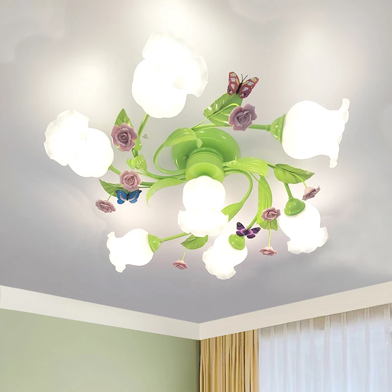 

Bedroom ceiling light fresh pastoral style children's room light wrought iron living room rose lighting