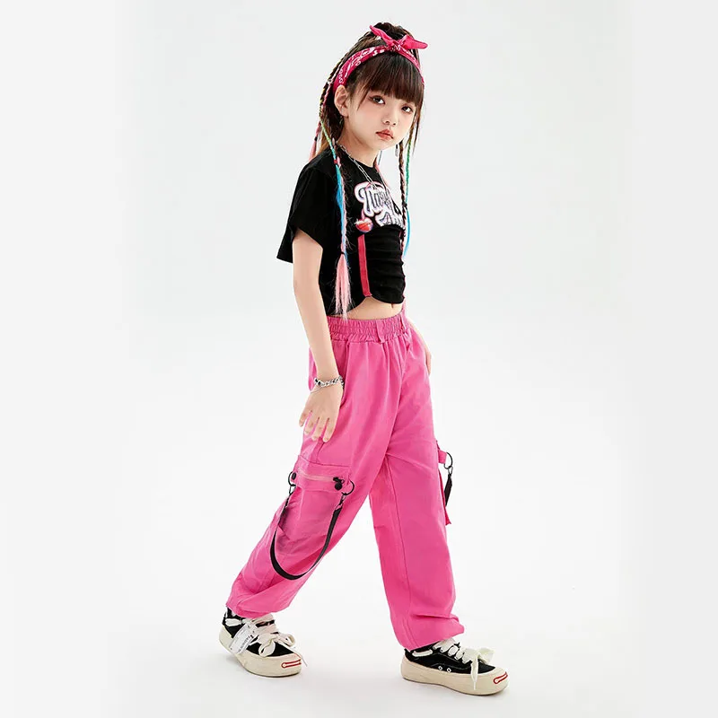 Hip Hop Street Dance Costume for Kids Black T Shirt Pink Pants Jazz Performance Clothes Girls Kpop Outfit Jazz Drum Stage Wear