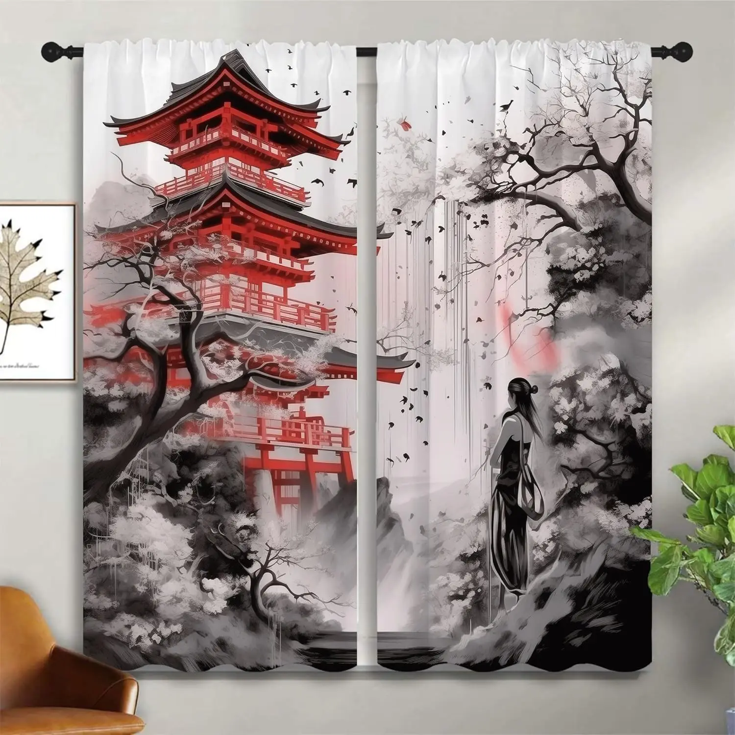 Japanese Animation Rod Pocket Blackout Curtains for Boy Girl Bedroom, Black White Ink Abstract Art Home Energy Efficient Light
