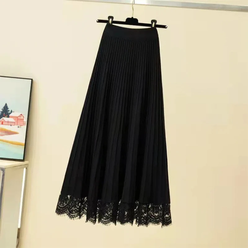 

Вязаная юбка для женщин с универсальной тонкой кружевной юбкой А-силуэта с высокой талией средней длины