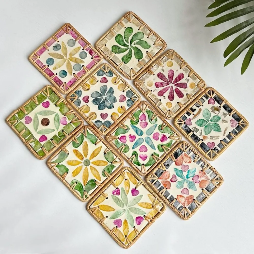 Kitchen Supplies Colorful Square Rattan Shell Coaster Woven Anti Scalding Placemat Pastoral Handmade Cup Mat Gift