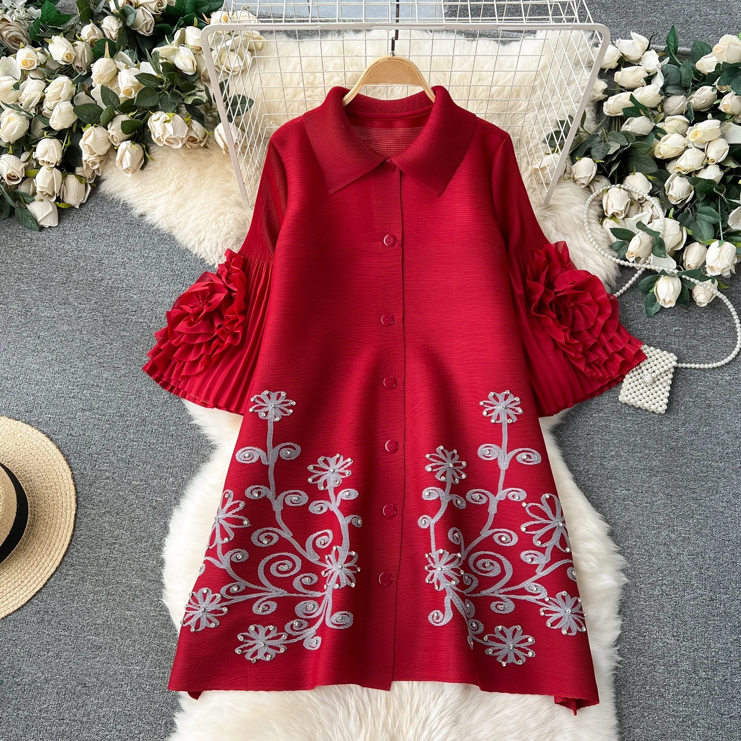 

Clothland Women Elegant Beading Flower Shirt Dress Flare Sleeve Stretchy Candy Color Chic Retro Mini Dresses Vestido QD479