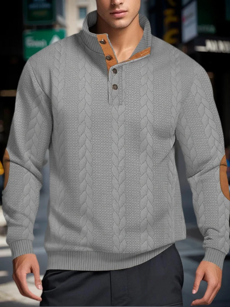 Suéteres de punto Jacquard para hombre, suéteres cálidos con cuello levantado y botones, sudadera informal de manga larga para exteriores