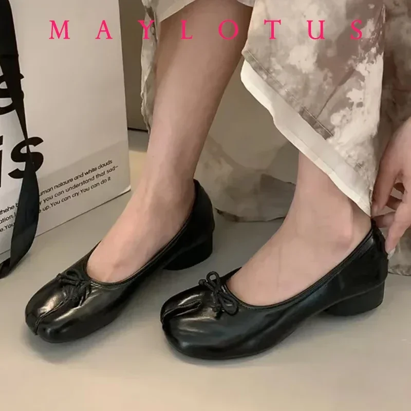 

Split Toe Flats Tabi Shoes Slip On Microfiber Comfy Slippers Soft Bottom Loafers solid Ladies Moccasins with Bowknot