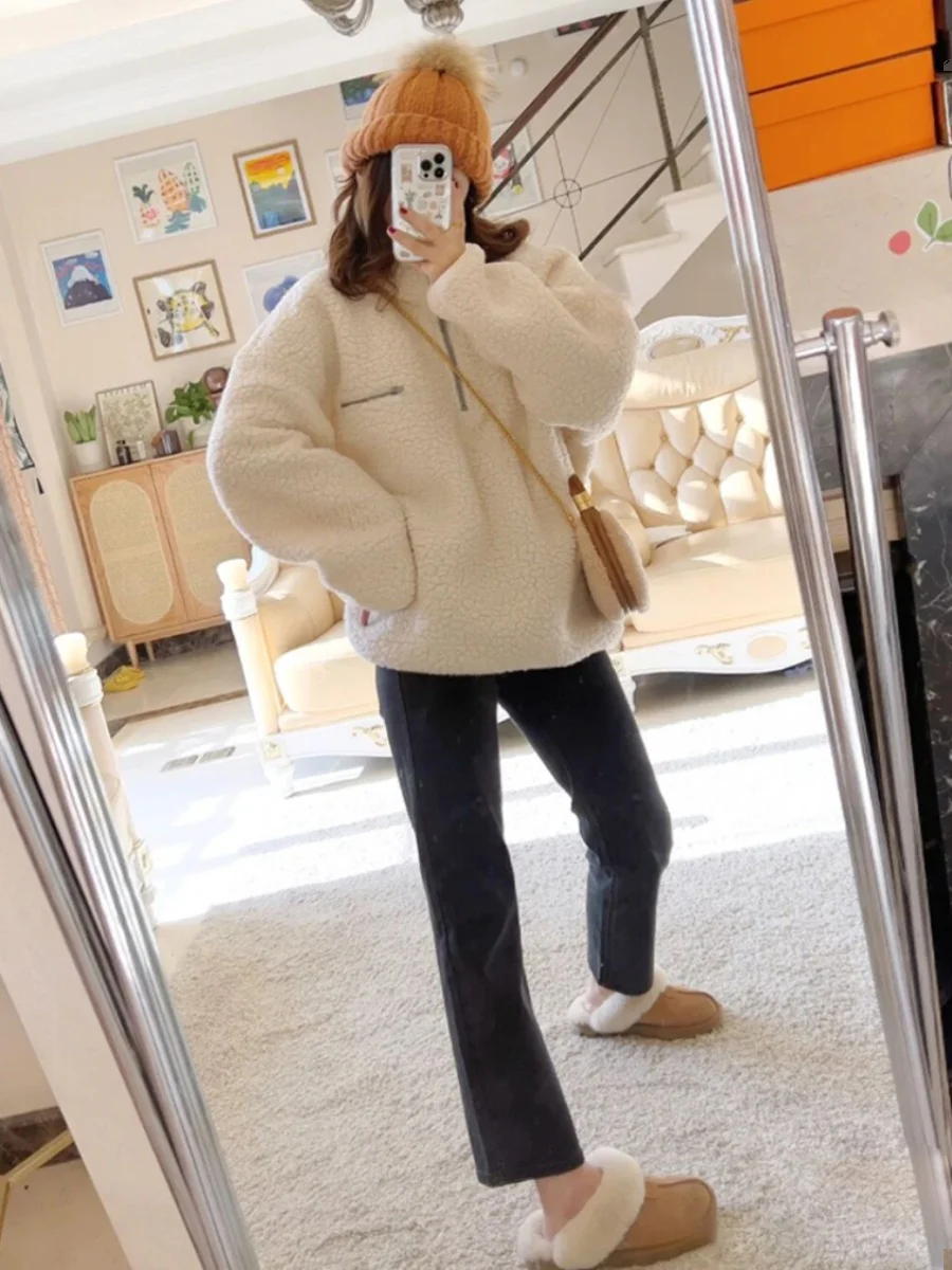 Retro Hong Kong Sle Loose Fit Casual f Zipper Felpa con cappuccio da donna Autunno Inverno Thi Calda pelliccia di agnello Jaet Pendolarismo Sle Pure...