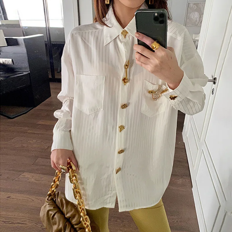 

Vintage Cardigan 's Top 2025 Summer New Striped Metal Button Turn-Down Collar Loose Thin Elegant Shirt for Women