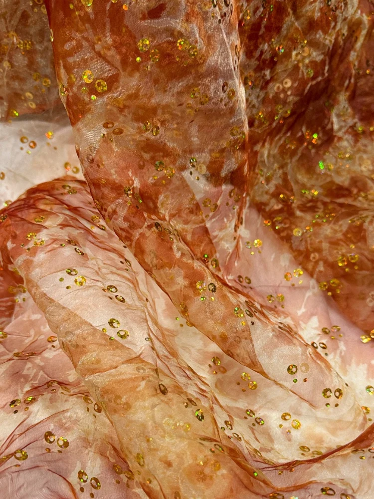 Misty gradient dyed sequins organza fabric sewing stage performance costumes handmade DIY chiffon fabric