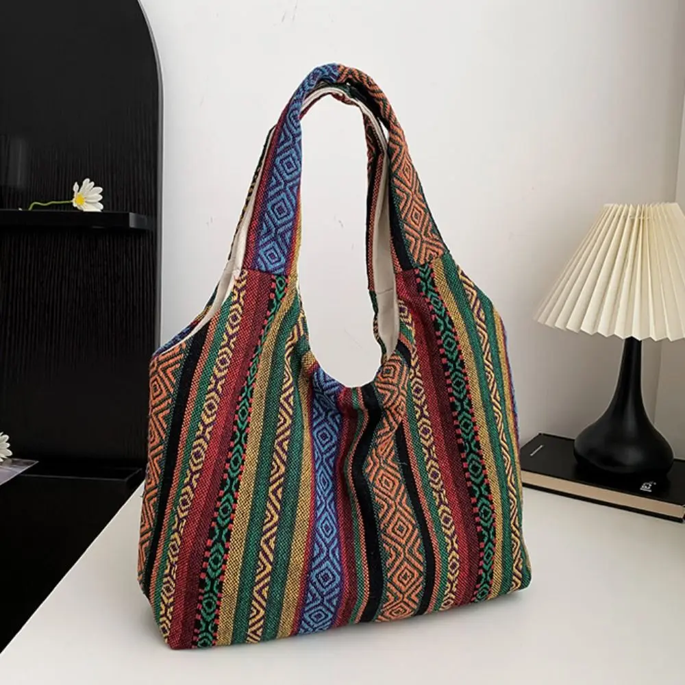 

Vintage Large Capacity Ethnic Style Handbag Canvas Stripe Bohemian Tote Bag Messenger Bag Geometric Retro Shoulder Bag Women