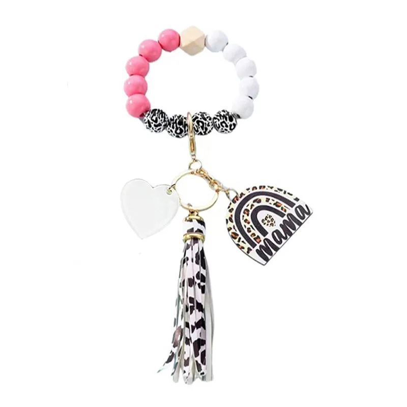 5pcs Bag Parts Sublimation DIY White Blank Acrylic White Leopard Print Wood Bead Key Hanging