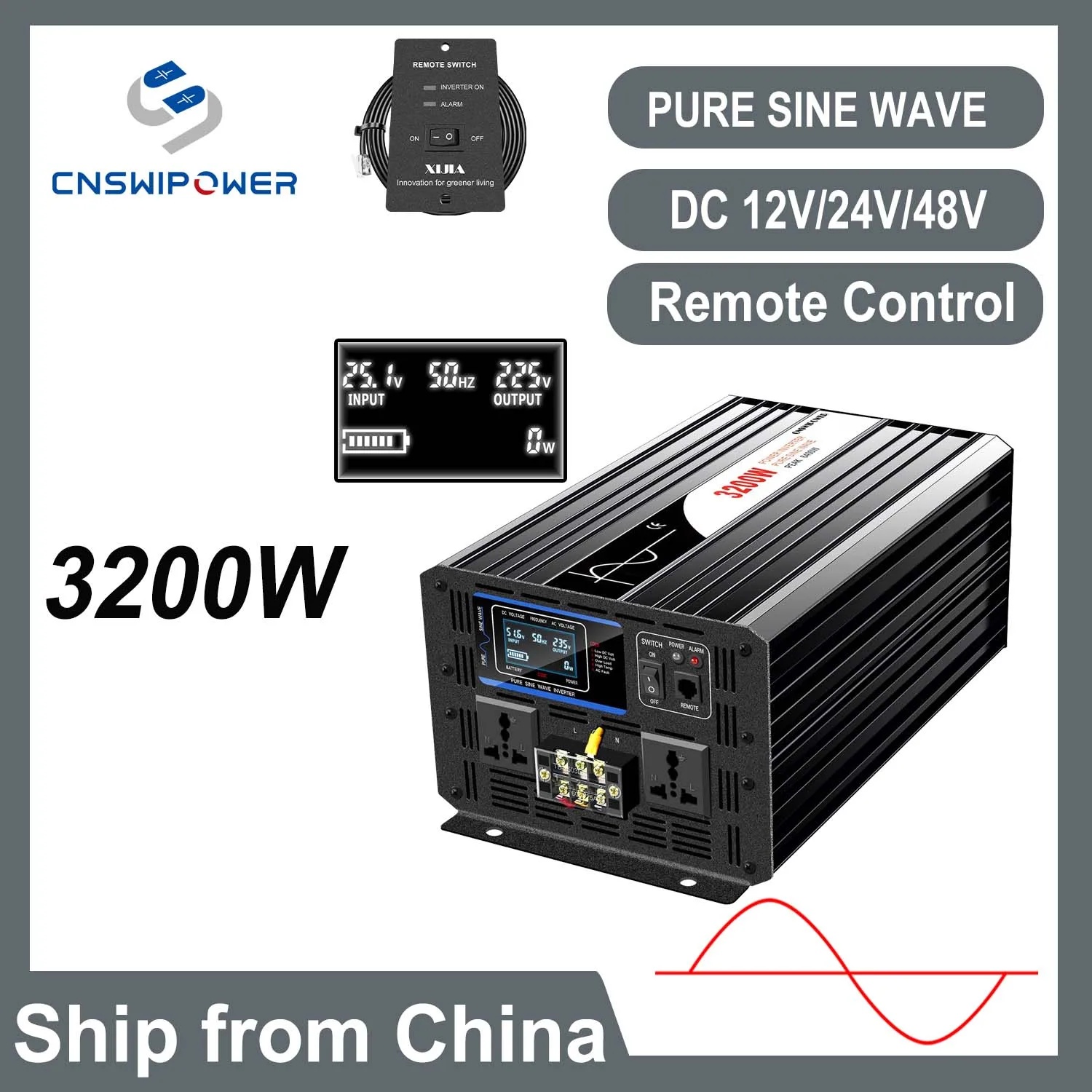 Inverter Pure Sine Wave 3200w 3000w DC 12V/24V/48V to AC 110V 220V 230V Voltage Transfer Converter Charging Adapter