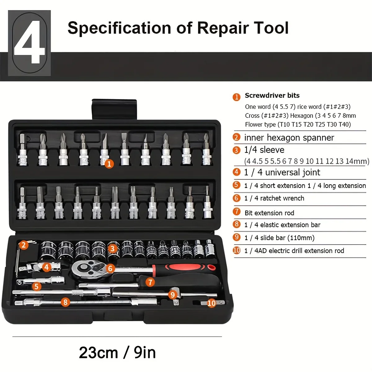 46 Pieces 1/4 Inch Drive Socket Ratchet Wrench Set, With Bit Socket Set, Metric And Extension Bar For Auto Repairing