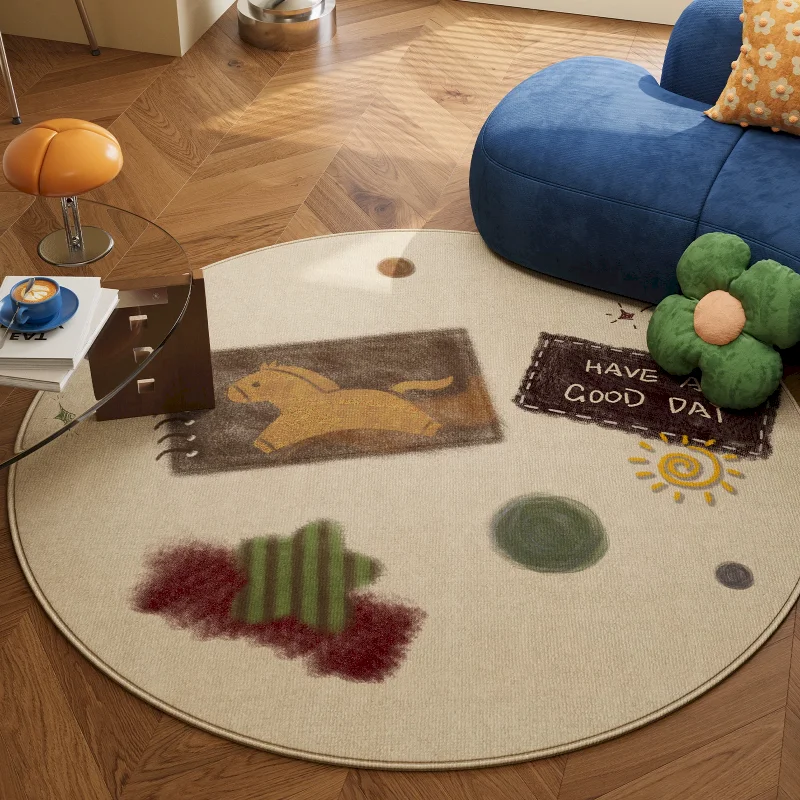 VIKAMA Cute Rocking Horse Circular Carpet Soft Anti Slip Area Carpet Children's Living Room Floor Mat Home Decoration