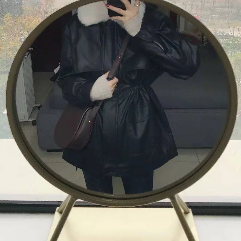 Jaqueta de couro pu com gola de pele, design vintage, couro sintético, lã feminina, espessada, solta e fina, jaqueta de couro parker, nova