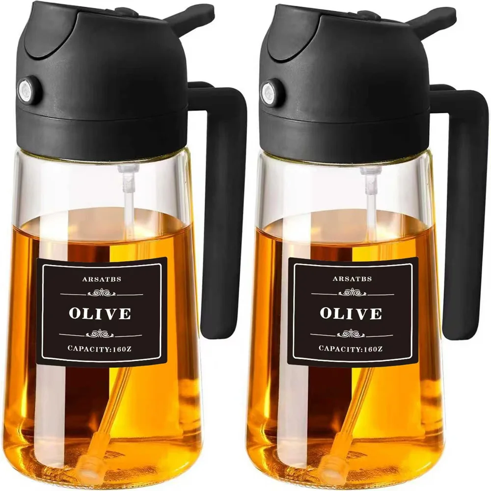 Pulvérisateur d'huile pour la cuisine, distributeur d'huile d'olive 2 en 1 avec autocollants, flacon pulvérisateur d'huile en verre de 470ML
