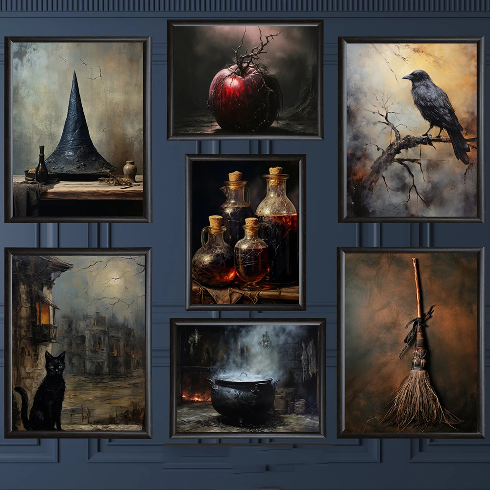 

Dark Academy Art Style Canvas Print Gothic Witch's Cat Crow Posters Painting Vintage Gallery Wall Mural Living Room Home Decor