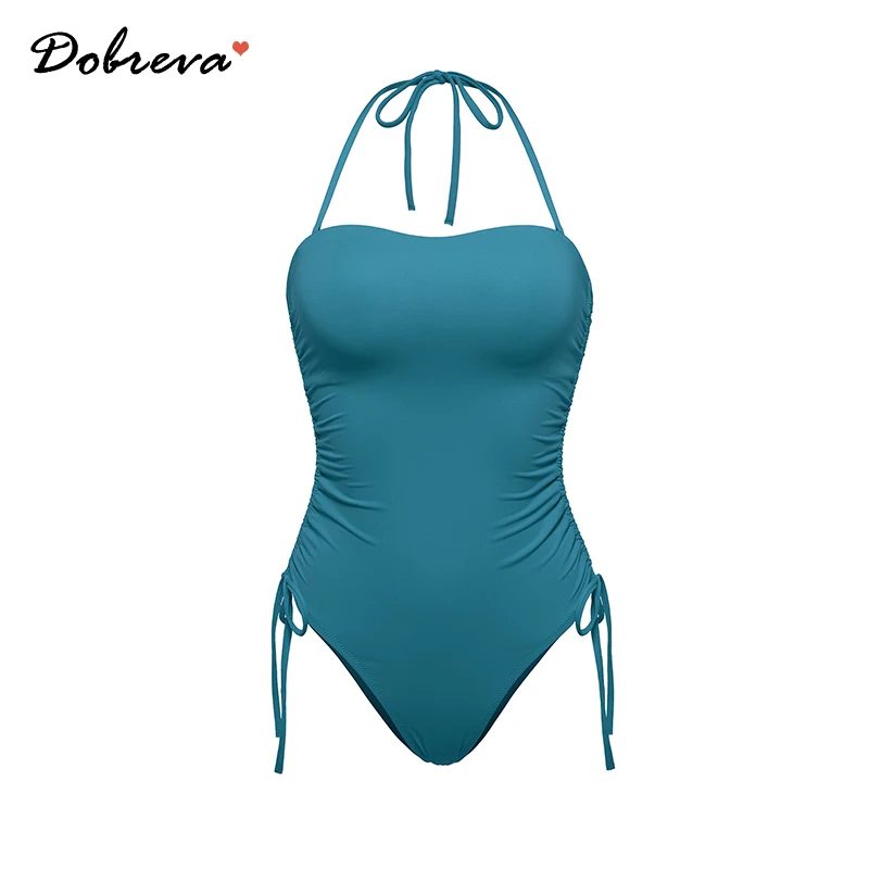 DOBREVA Women's One Piece Swimsuit Strapless Bandeau Bathing Suits Tummy Control Ruched Lined Slimming Halter Swimwear