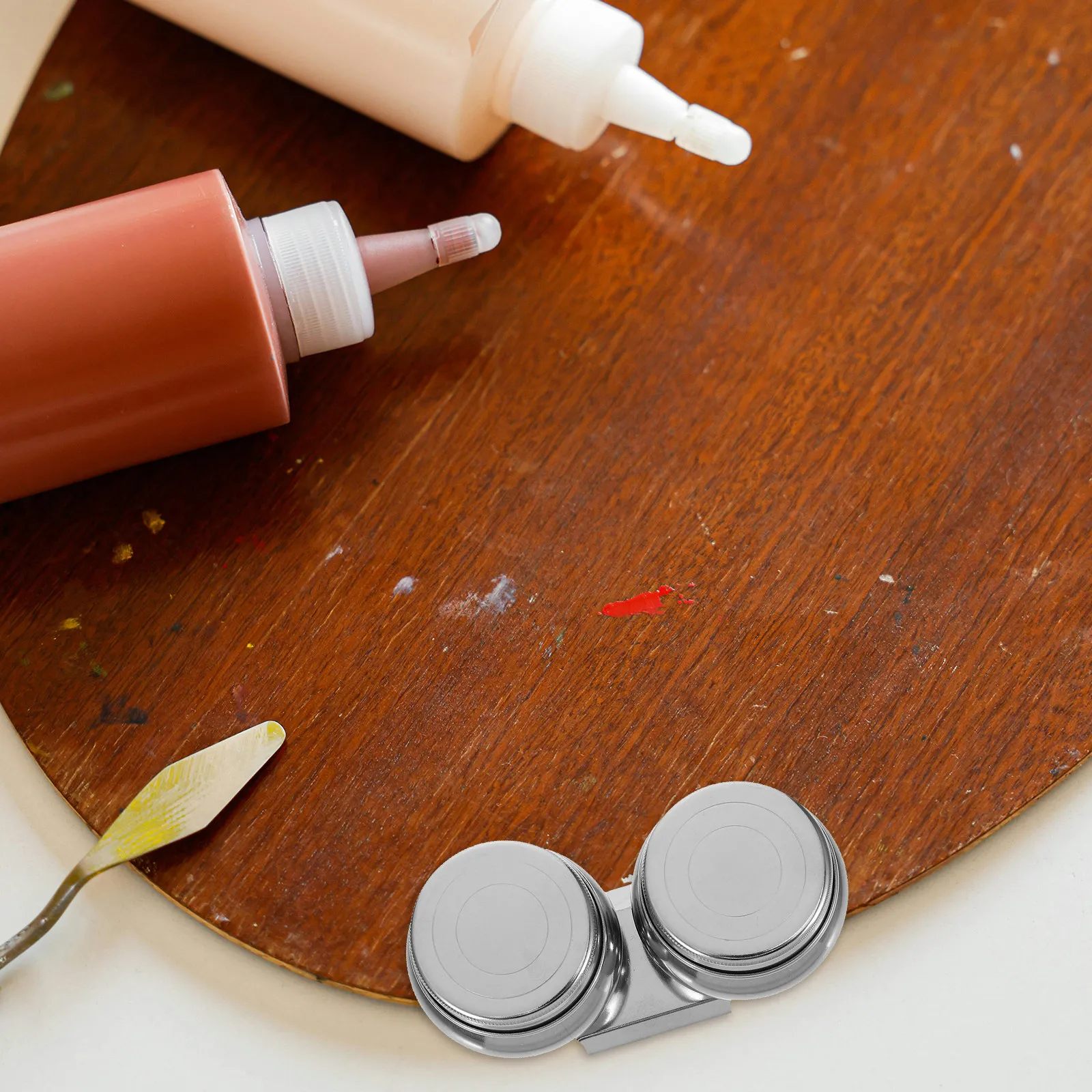2Pcs Portable Oil Paint Brush Cleaner Pot Stainless Steel Double Palette Dipper Cup Fixed Clip Outdoor Paint Water Cup Artist