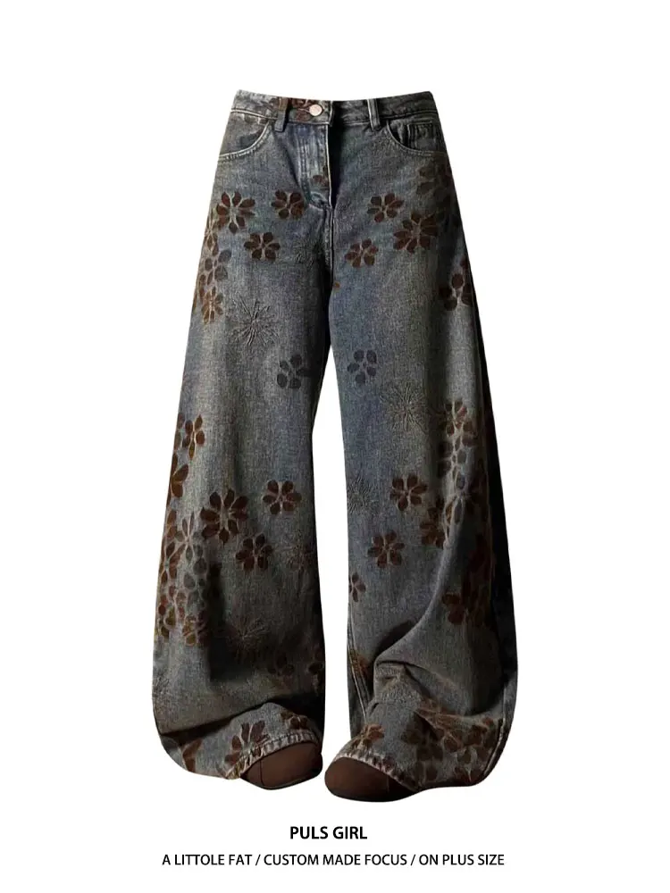 

Retro American Large Size Denim Jeans Women's Loose Wide Leg Pants High Waist Embroidered Washed Knife Casual Trousers