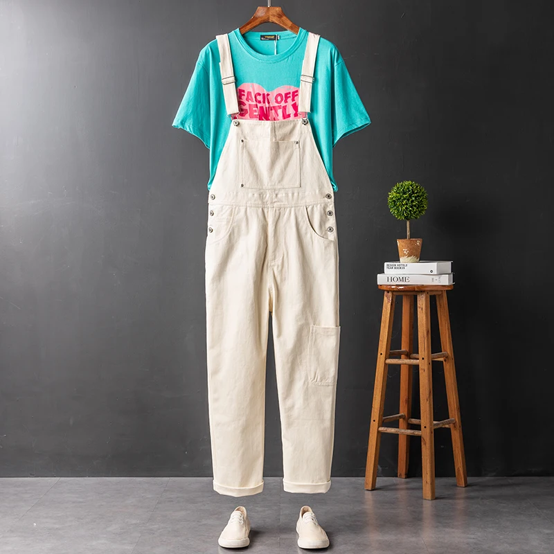 

Casual Loose Fit Men's Overall Pants Long Straight Leg Cool Feeling Pure Color Khaki Versatile Strap Pants Workwear Couples S...