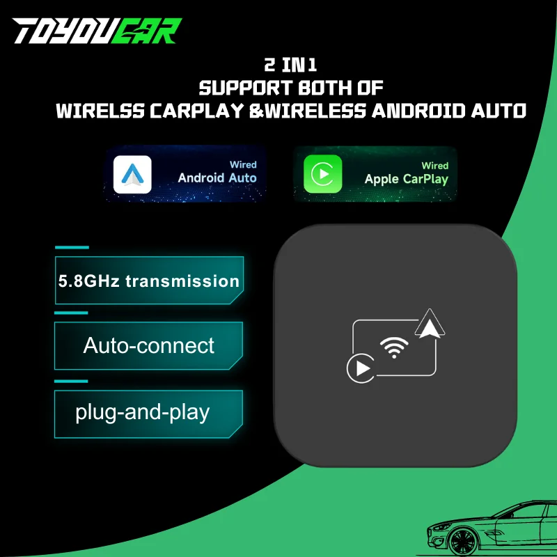 Toyoucar 2 to 1 Wired To Wireless Carplay Adapter Android Auto  Smart Mini Box Plug and Play For Benz Audi Toyotao Audi MG VW