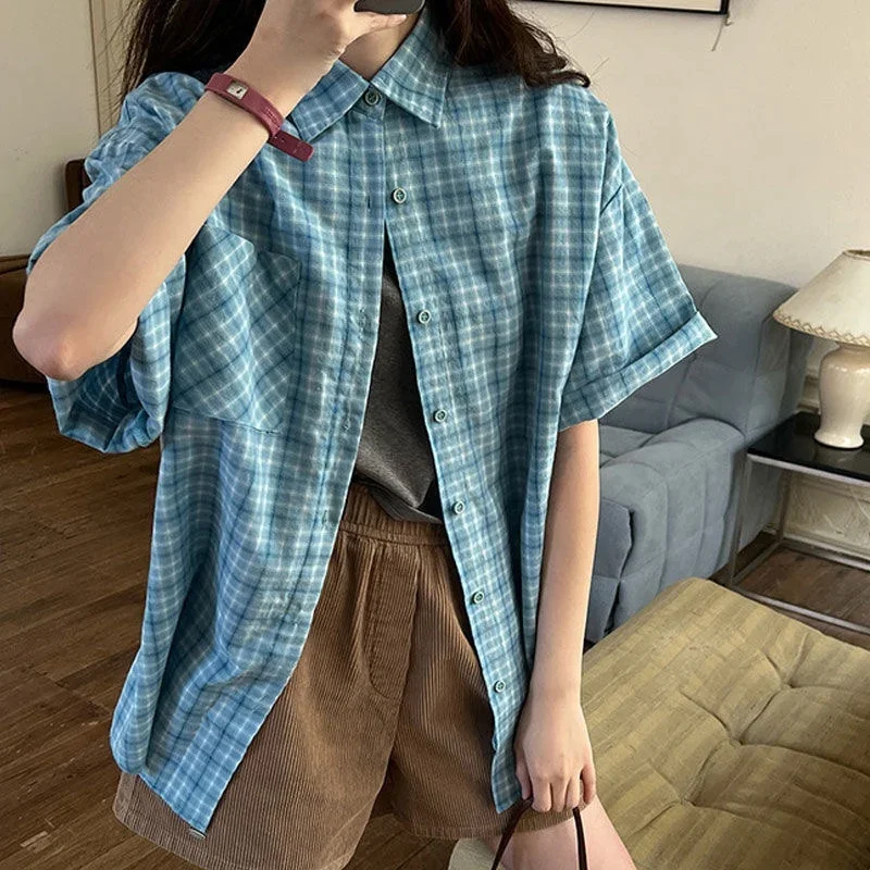 QWEEK Plaid Women Shirt Vintage Long Sleeve Korean Style Detachable Oversized Casual Harajuku Autumn Clothes 2024 Japanese