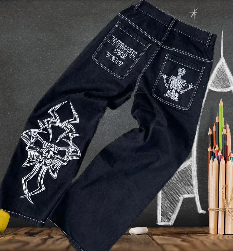 

Vintage baggy jeans Y2k Street black Jeans Hip Hop Personalized Trendy Straight Leg Wide Leg Pants Harajuku Gothic Clothing