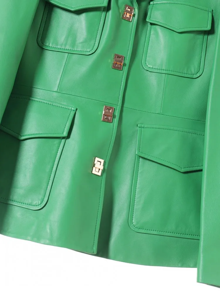 Büro-Damen-Kurzjacke aus echtem Leder, Anzugkragen, Knopftasche, modisch, hochwertig, grün, lange Ärmel, Schaffell-Oberbekleidung