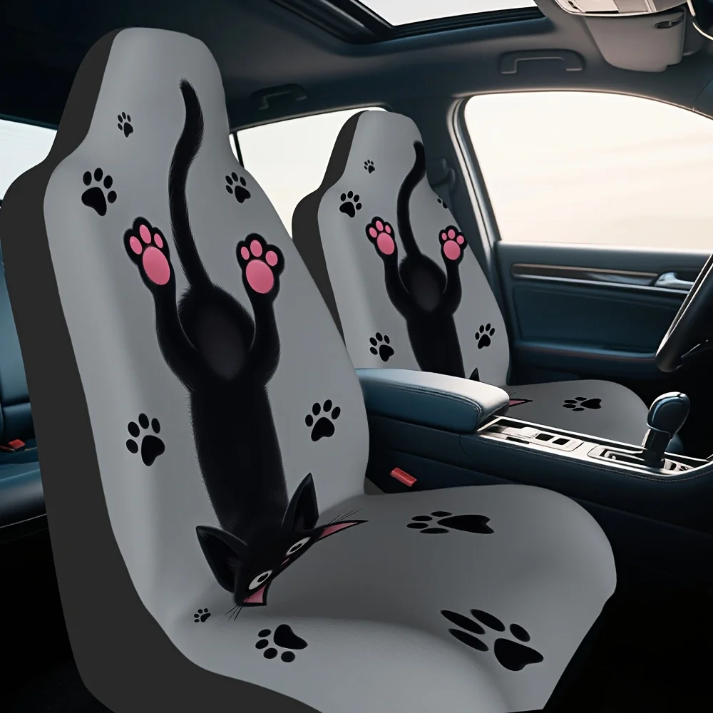 Set Of 2, Charming Black Cat Paw Print Car Seat Covers With A Minimalistic Design, Lightweight And Sturdy For Universal Compatib