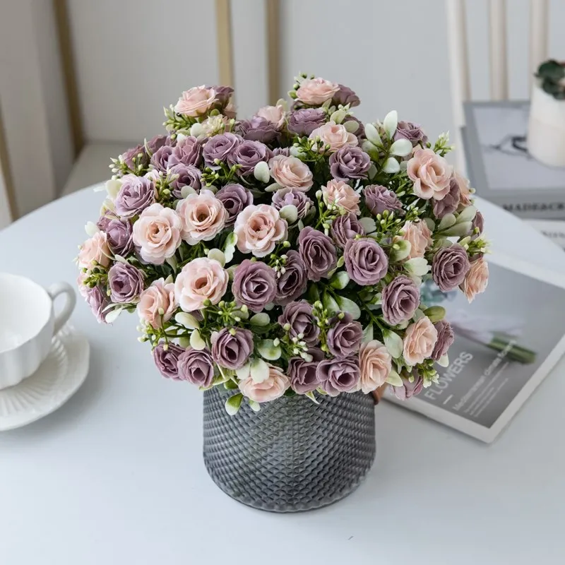 5 Zweige, 15 Blüten, Seidenrosen für Hochzeitssträuße, Festivals, Girlanden, Dekoration, Wohnzimmer, Bonsai, künstliche Blumen, Handarbeit – Detail 9