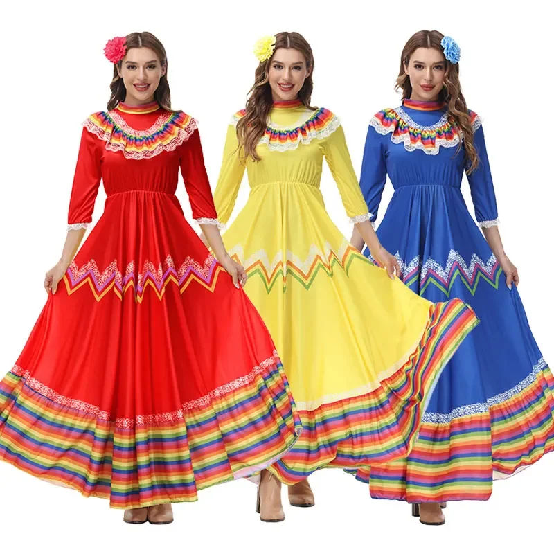 Women Mexico Ballet Folklorico Dance Festival Outfit Adult  Tradition Flamenco Costume Dance Circle  Stage Dance Folk  Costume