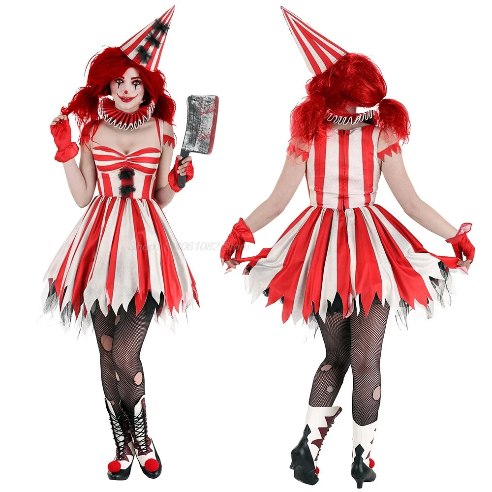 Lady Clown Costumes Dress for Women Cosplay Adult Female Carnival Party Scary Outfits Red white stripes Halloween Clown Clothing