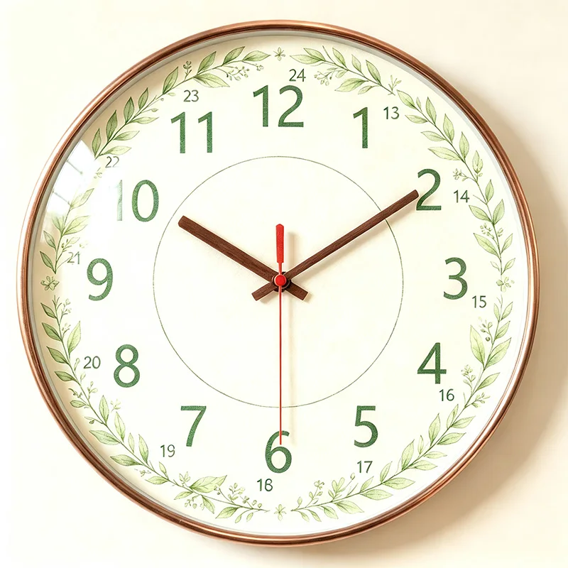 Green Leaf Wreath 12/24 Hour Learning Wall Clock, Silent Non Ticking Quartz Wall Watch, Vintage Botanical Educational Decor Clock for Kids Study Room Living Room Classroom