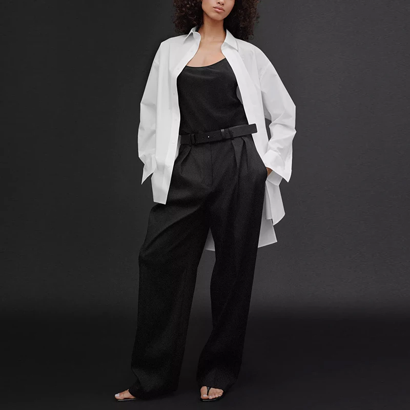 

Summer 2025 Women's Sle Asymmetrical Hemline Silk irt Loose Fit Long Sve Collar Mid-Length Pure Color Button Closure