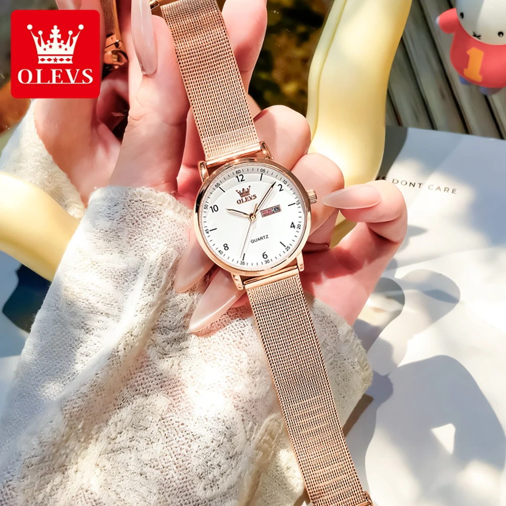 OLEVS Damen Elegante Uhren Original Slim Quarzuhr Wasserdicht Wochentagsanzeige Uhren für Frauen Geschenkbox-Set Armbanduhr 2996